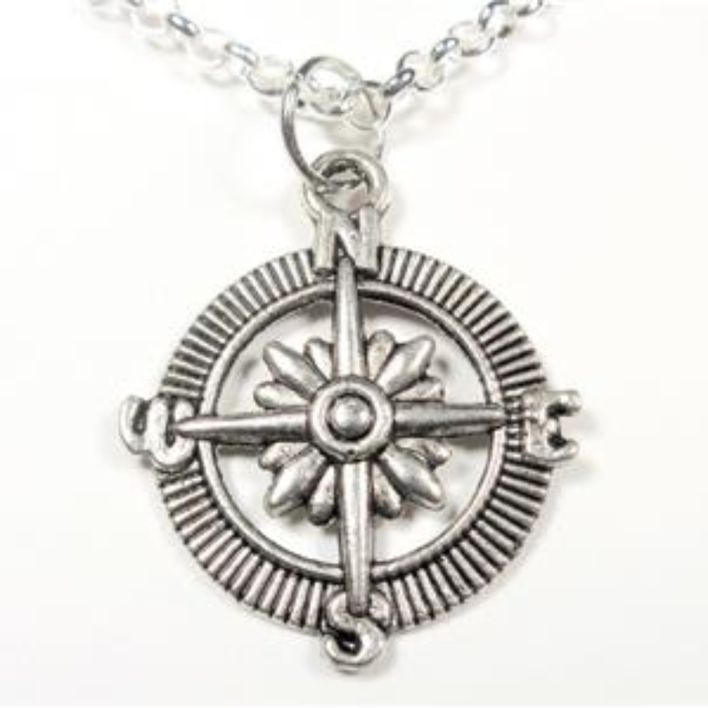 NAUTICAL COMPASS ROSE SAILING SILVER TONE NECKLACE